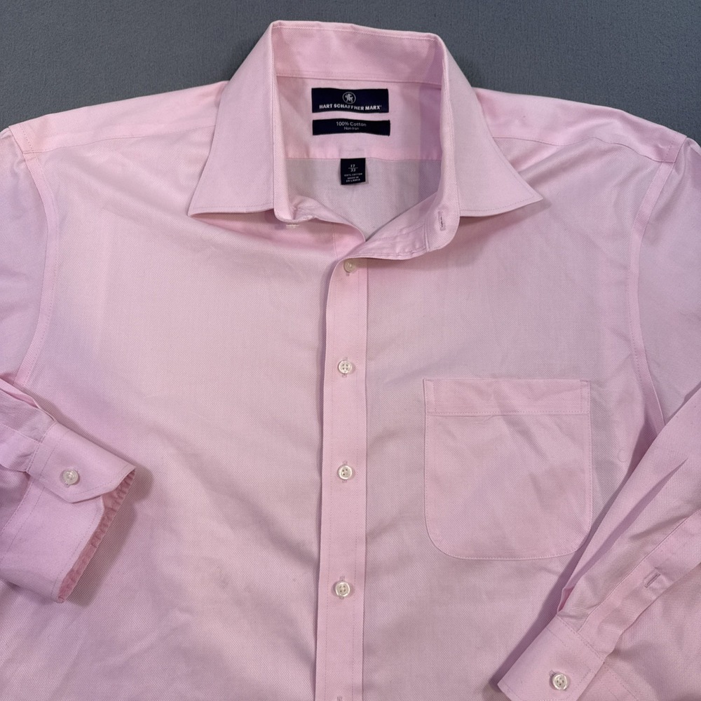 Hart Schaffner Marx Dress Shirt Mens 17/33 Blue Pink Non Iron 100% Cotton